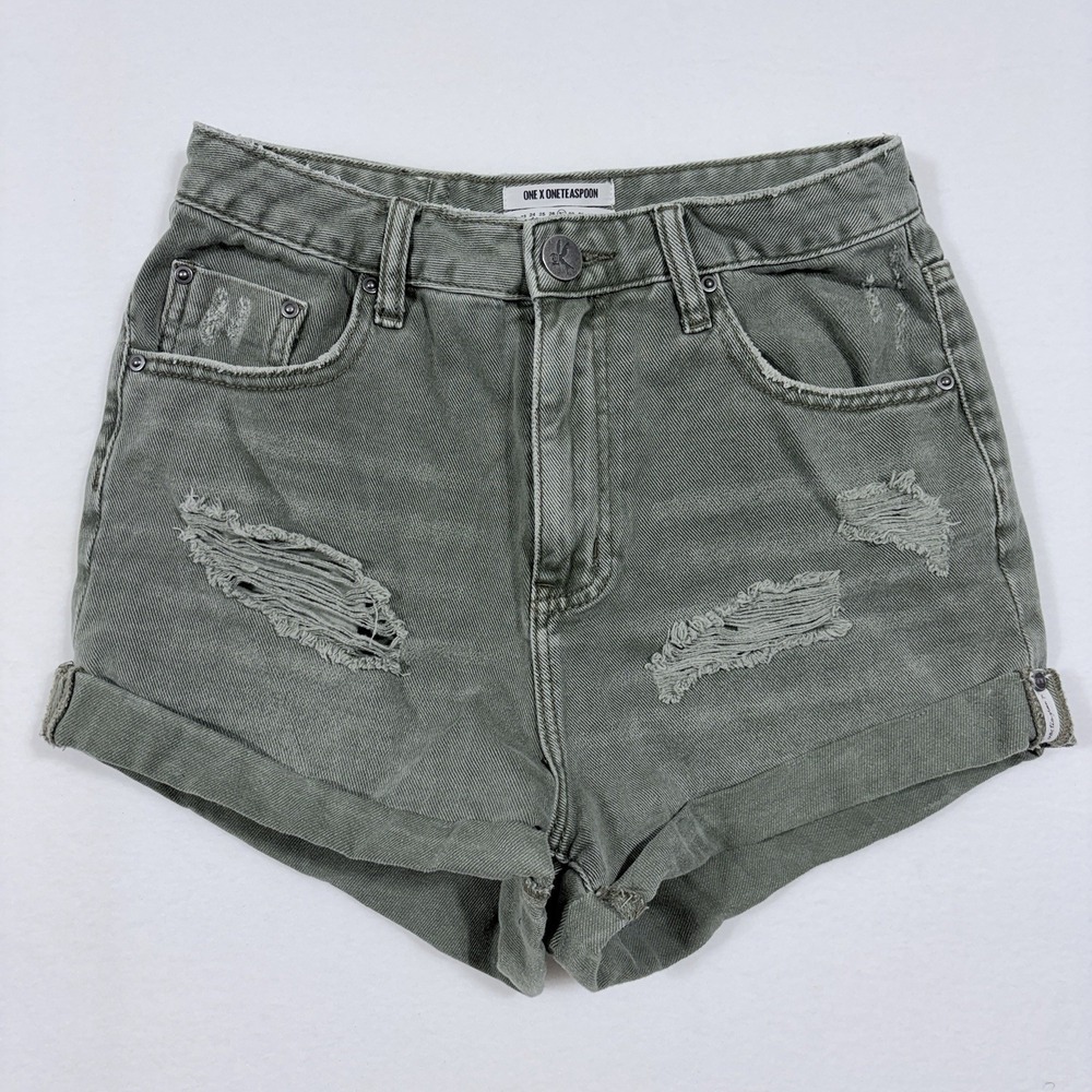 One Teaspoon Women's Denim Roller Shorts Size 27 Green Distressed Summer Grunge